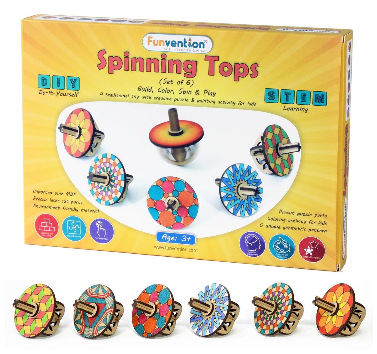 Funvention Spinning Tops (Geometric Patterns) - Set of 6 DIY Spinning Tops and Coloring Activity