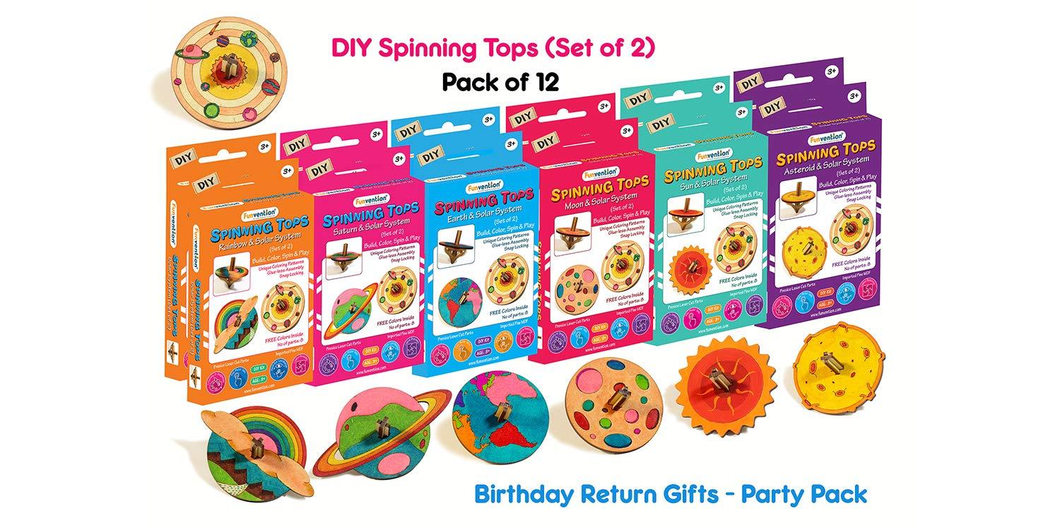 Funvention Spinning Tops (Solar System) - Pack of 12 (2 Tops Per Pack) - DIY Build & Color Spinning Tops Art & Craft Birthday Return Gifts
