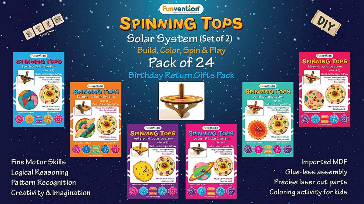 Funvention Spinning Tops (Solar System) - Pack of 24 (2 Tops Per Pack) - DIY Build & Color Spinning Tops Art & Craft Birthday Return Gifts