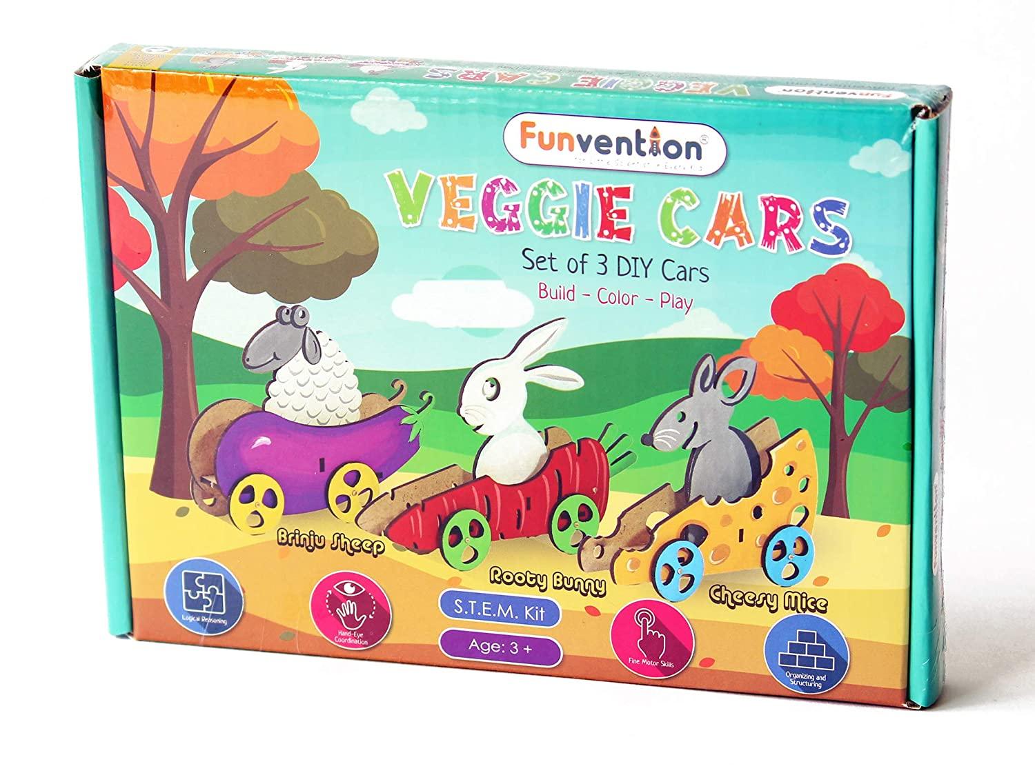 Funvention Veggie Cars (Set of 3) - Build 3D Puzzle and Coloring Car Models