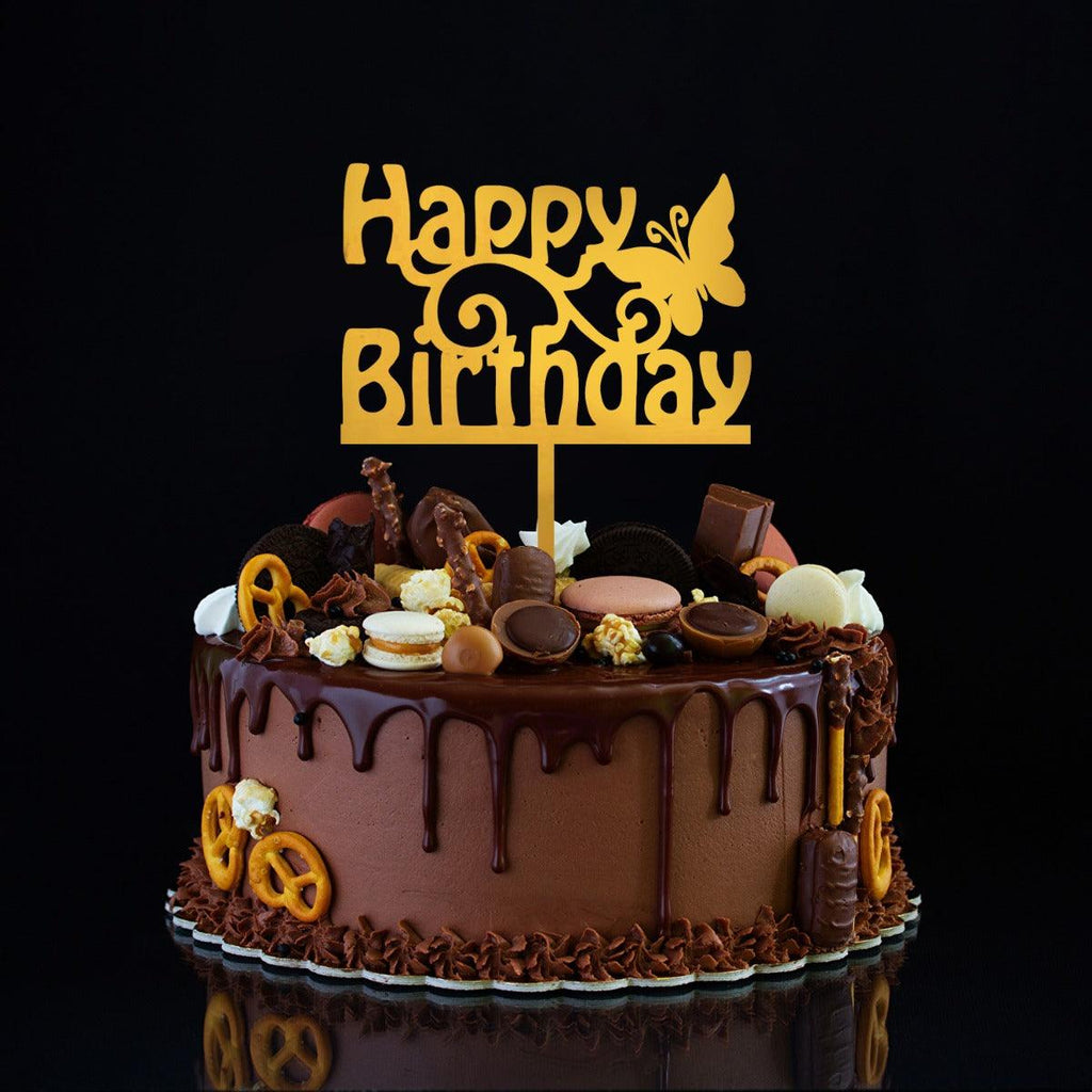 PartyCorp Gold Acrylic Happy Birthday With Butterfly Cake Topper, 1 Piece