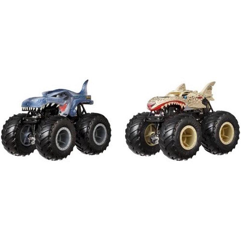 Hot Wheels Monster Trucks 1:64 Demo Doubles 2-Pk Collection, Mega-Wrex Vs Leopard Shark