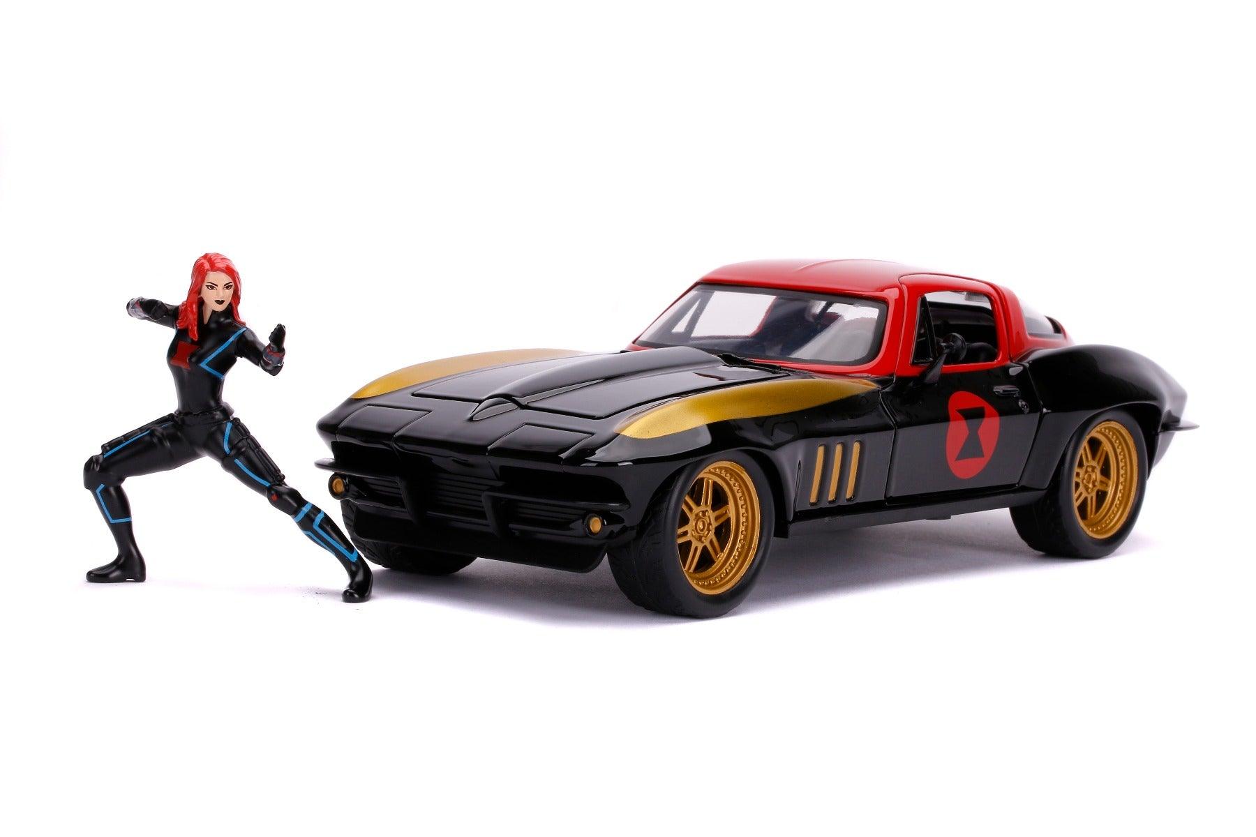 Jada Toys Diecast Hollywood Rides 1:24 1966 Chevy Corvette Car with Black Widow Action Figure