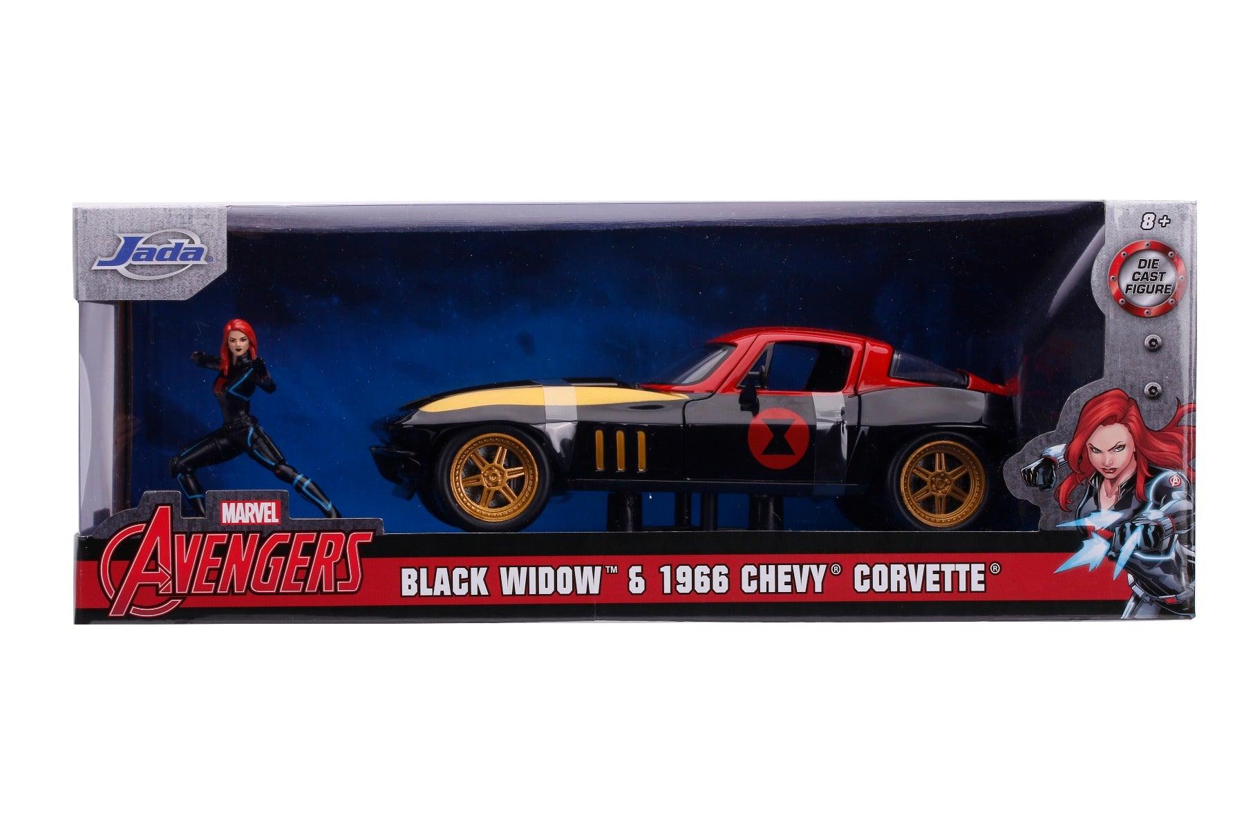 Jada Toys Diecast Hollywood Rides 1:24 1966 Chevy Corvette Car with Black Widow Action Figure