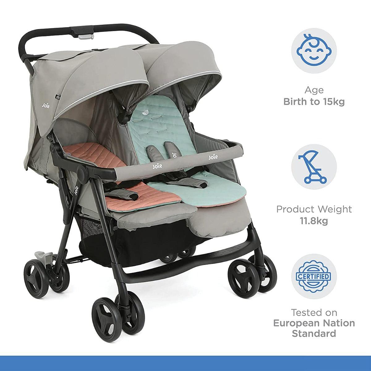 Joie Aire Twin Nectar Mineral Double Baby Stroller Rain Cover With Single Touch Brake for Ages 0-3 Years