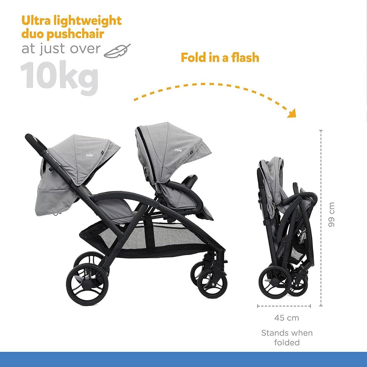 Joie Evalite Duo Baby Stroller - Double Baby Pram with Single Touch Brake for Ages 0-3 Years