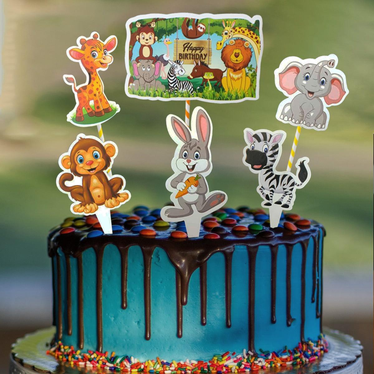 PartyCorp Jungle Themed Printed Paper Happy Birthday Cake Topper, Pack Of 6