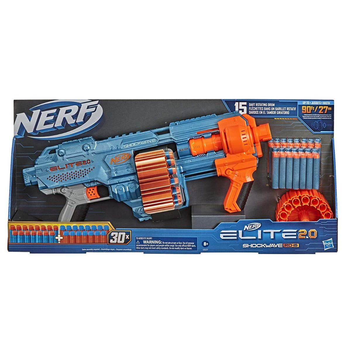 Nerf Elite 2.0 Shockwave RD-15 Toy Blaster, Official Nerf 30 Darts, Nerf 15-Dart Rotating Drum, Pump-Action, Toys for Kids, Teens, and Adults