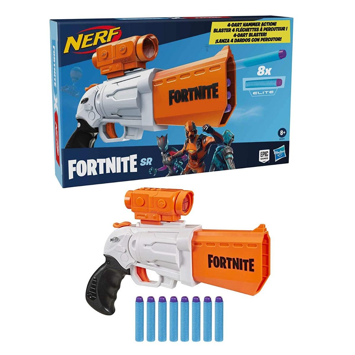 Nerf Fortnite SR Blaster, 4-Dart Hammer Action, Includes Removable Scope and 8 Elite Darts, for Youth, Teens, Adults