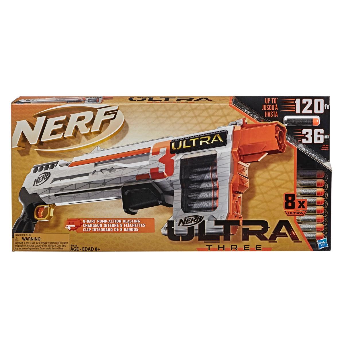 Nerf Ultra Three Blaster, Pump-Action, 8-Dart Internal Clip, 8 Darts, Compatible Only with Ultra Darts