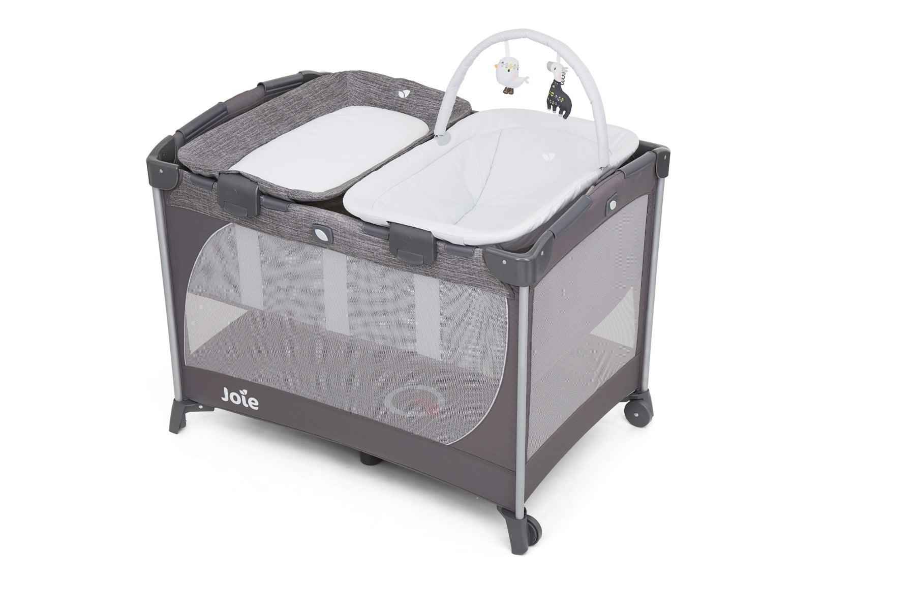 Joie Commuter Change & Snooze Baby Cot Linen Grey - Playard For Ages 0-3 Years