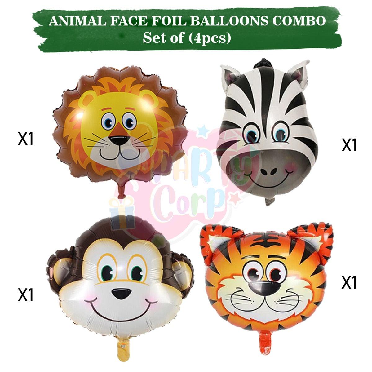 PartyCorp Animal Head Shaped Foil Balloons, Jungle Theme Decoration (Tiger, Lion, Monkey, Zebra) - Pack Of 4