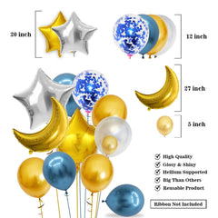 PartyCorp Baby Shower Decoration Kit Combo 33 Pcs - Gold, Blue Chrome & Confetti Balloons, Blue & Gold Banner, Aqua Blue Curtain, Moon & Stars Foil Bouquet