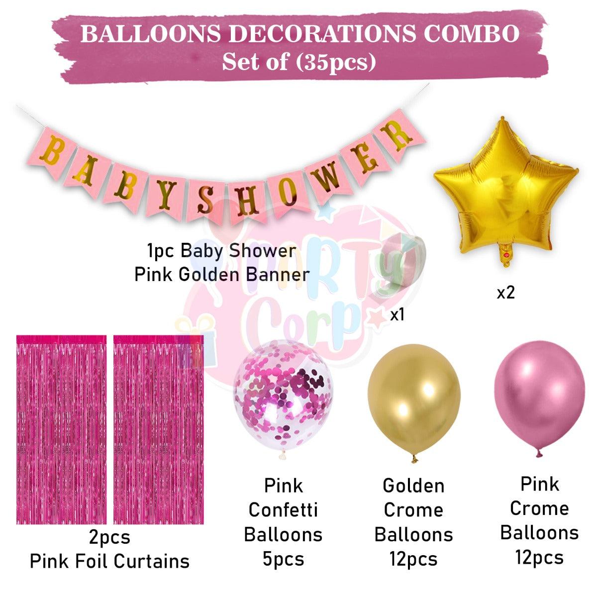 PartyCorp Baby Shower Decoration Kit Combo 35 Pcs - Gold, Pink Chrome & Confetti Balloons, Pink & Gold Banner, Pink Curtain, Gold Star Foil