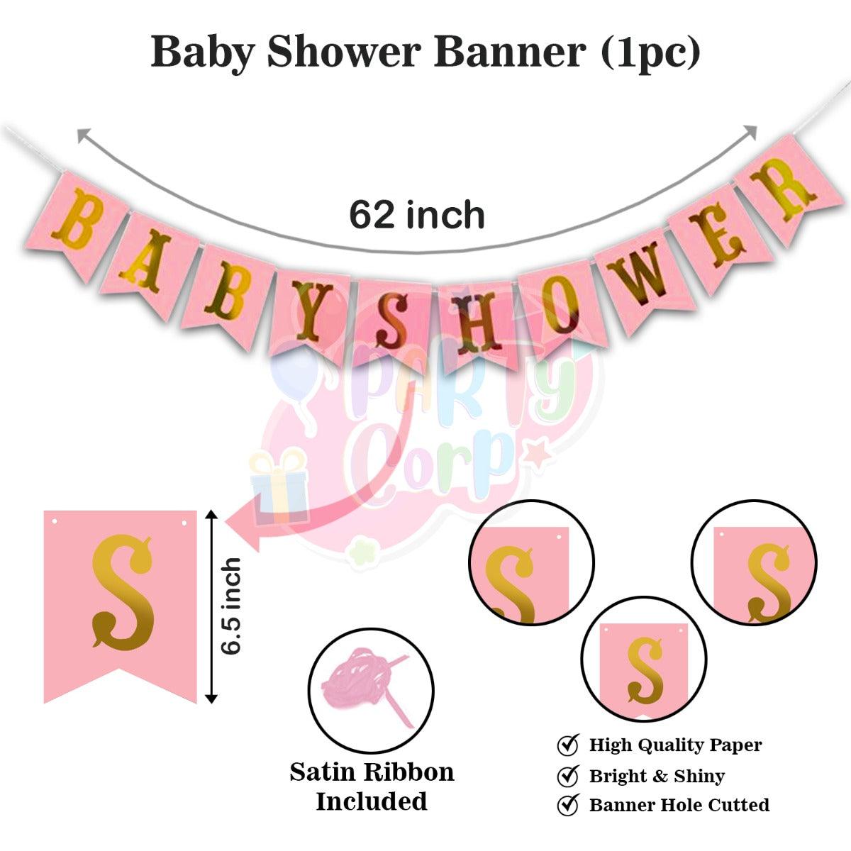 PartyCorp Baby Shower Decoration Kit Combo 35 Pcs - Gold, Pink Chrome & Confetti Balloons, Pink & Gold Banner, Pink Curtain, Gold Star Foil