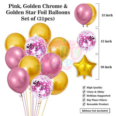 PartyCorp Baby Shower Decoration Kit Combo 35 Pcs - Gold, Pink Chrome & Confetti Balloons, Pink & Gold Banner, Pink Curtain, Gold Star Foil