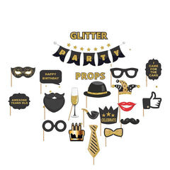 PartyCorp Black and Gold Happy Birthday Photo Booth, Photo Shoot Props and Accessories, Pack Of 18
