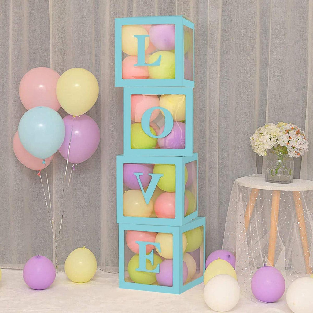 PartyCorp Blue Transparent Surprise Cube Balloon Boxes - LOVE, DIY Pack Of 4, Balloons Not Included