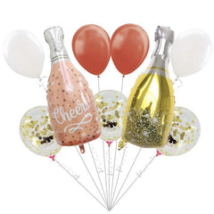 PartyCorp Cheers Wine and Champagne Bottle Foil and Rose Gold White Confetti Balloon Bouquet, Decoration Set for Birthday, Anniversary, Baby, Bridal Shower, DIY Pack of 9