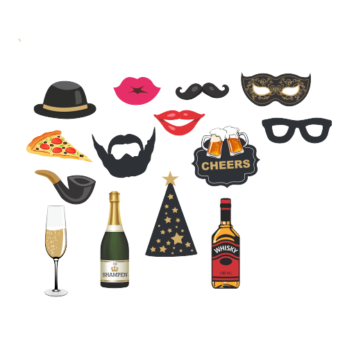 PartyCorp Cocktail Whiskey, Beer, Pizza Theme Photo Booth, Photo Shoot Accessories and Props, Pack Of 14
