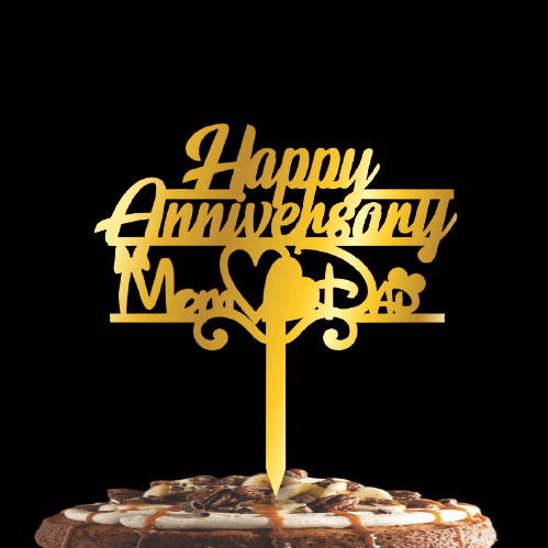 PartyCorp Gold Acrylic Happy Anniversary Mom Dad With Heart Cake Topper, 1 Piece
