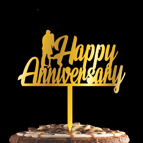 PartyCorp Gold Acrylic Happy Anniversary With Romantic Pose Cake Topper, 1 Piece