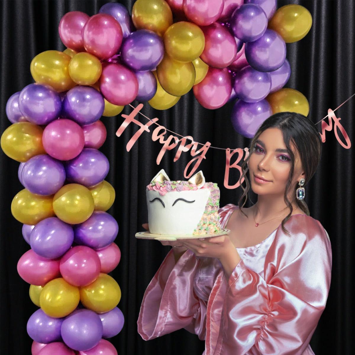PartyCorp Happy Birthday Decoration Kit Combo - 73 Pcs | 72 pcs Pink, Gold & Purple Chrome Balloons, 1 pc Happy Birthday Alphabets Cut Out Banner
