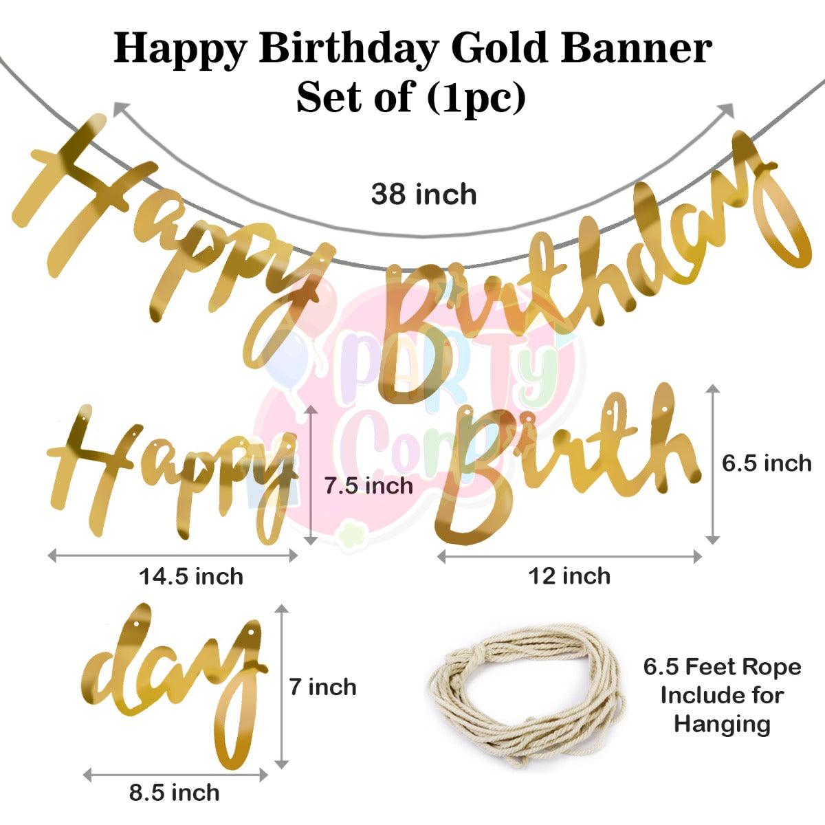 PartyCorp Happy Birthday Decoration Kit Combo 11 Pcs - Gold Confetti Balloon, Gold Happy Birthday Alphabets Cut Out Banner