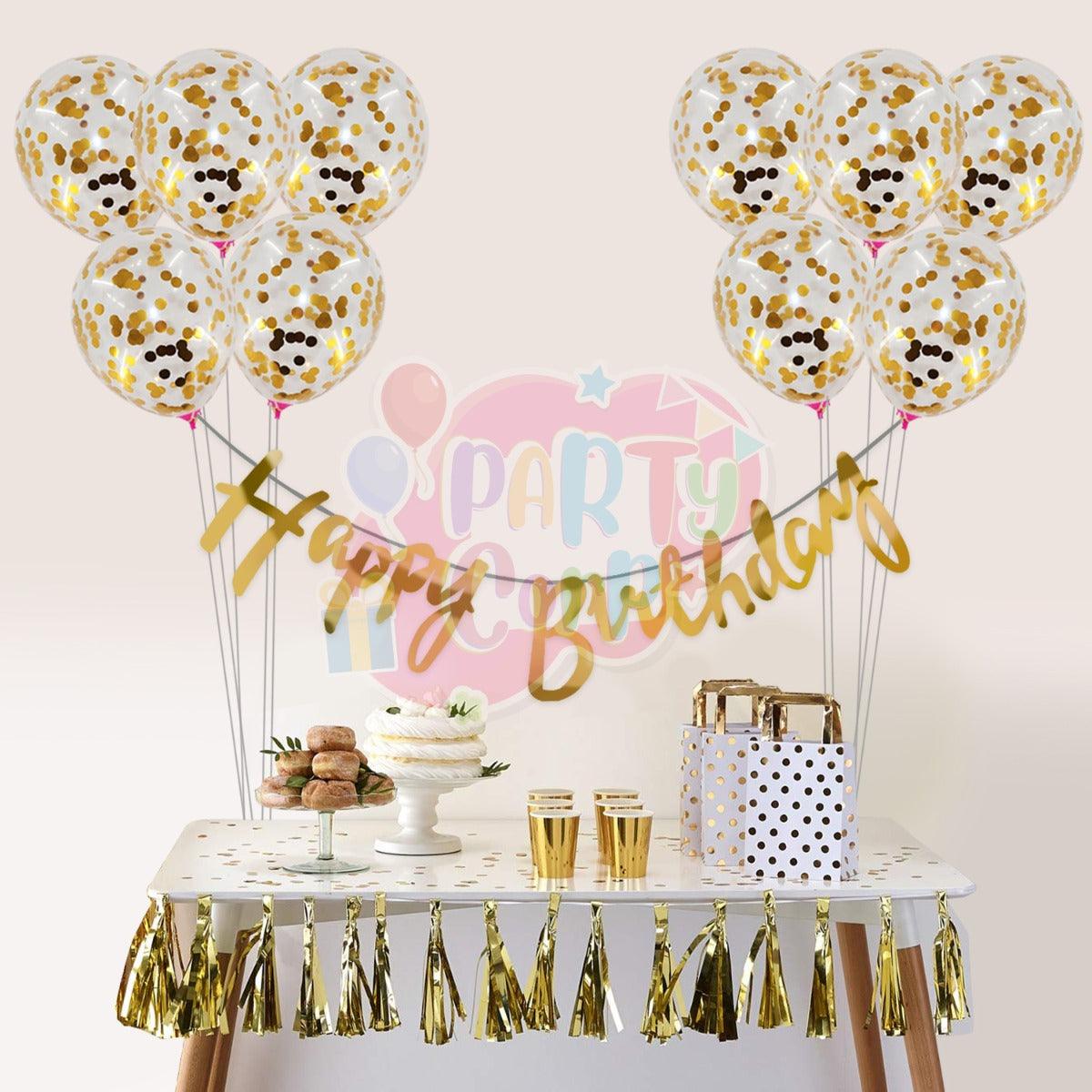 PartyCorp Happy Birthday Decoration Kit Combo 11 Pcs - Gold Confetti Balloon, Gold Happy Birthday Alphabets Cut Out Banner
