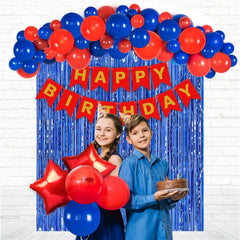 PartyCorp Happy Birthday Decoration Kit Combo 30 Pcs - Red & Blue Latex Balloon, Red & Gold Happy Birthday Banner, Blue Curtain, Red Star Foil
