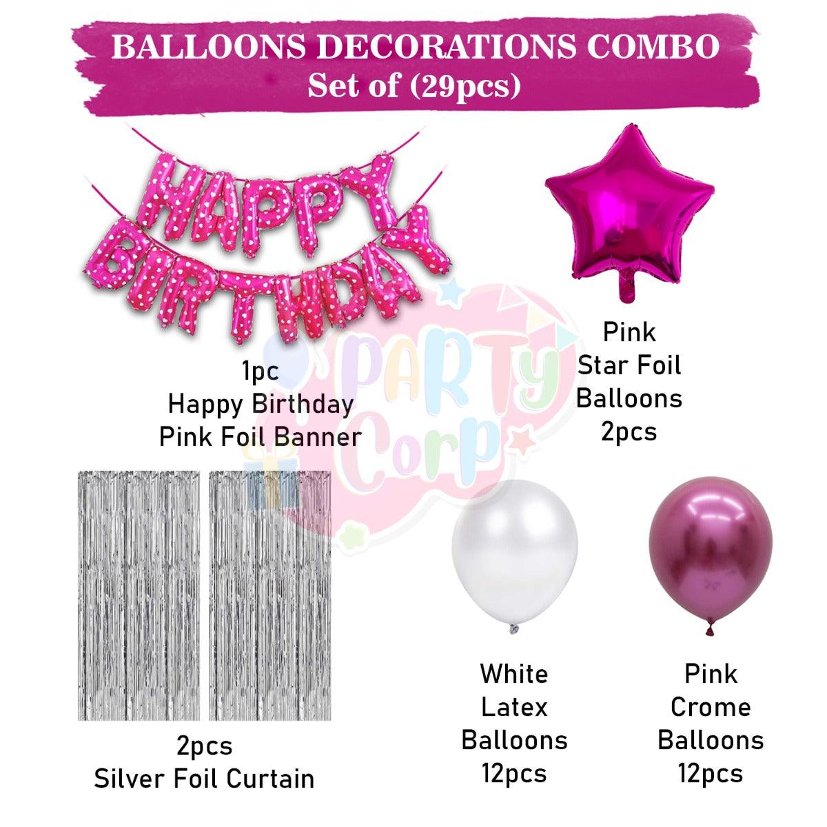 PartyCorp Happy Birthday Decoration Kit Combo 30 Pcs - Pink & White Chrome Balloons, Pink Printed Happy Birthday Banner, Silver Curtain, Pink Star Foil Balloon