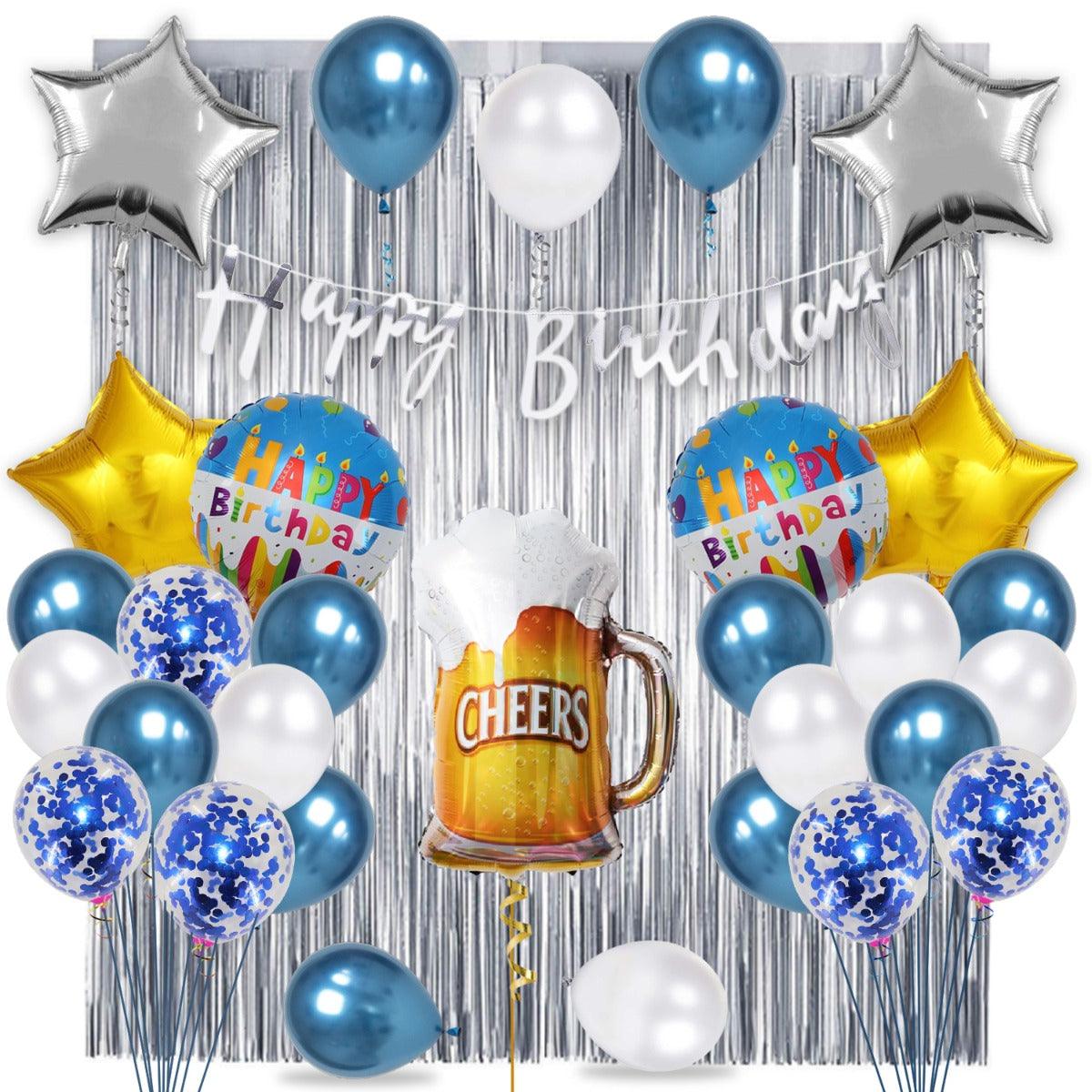 PartyCorp Happy Birthday Decoration Kit Combo 33 Pcs - Blue & White Chrome & Confetti Balloons, Silver Happy Birthday Banner, Silver Curtain, Silver Star Foil, Cheers Beer Mug Foil Balloons