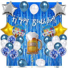 PartyCorp Happy Birthday Decoration Kit Combo 33 Pcs - Blue & White Chrome & Confetti Balloons, Silver Happy Birthday Banner, Blue Curtain, Silver Star Foil, Cheers Beer Mug Foil Balloons