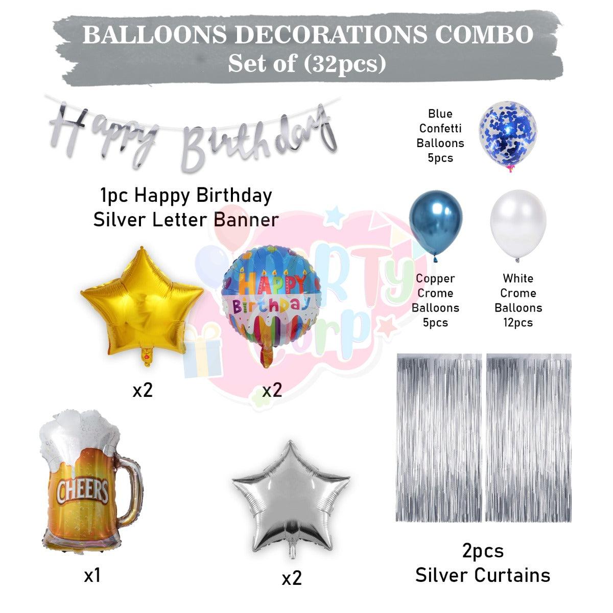 PartyCorp Happy Birthday Decoration Kit Combo 33 Pcs - Blue & White Chrome & Confetti Balloons, Silver Happy Birthday Banner, Silver Curtain, Silver Star Foil, Cheers Beer Mug Foil Balloons