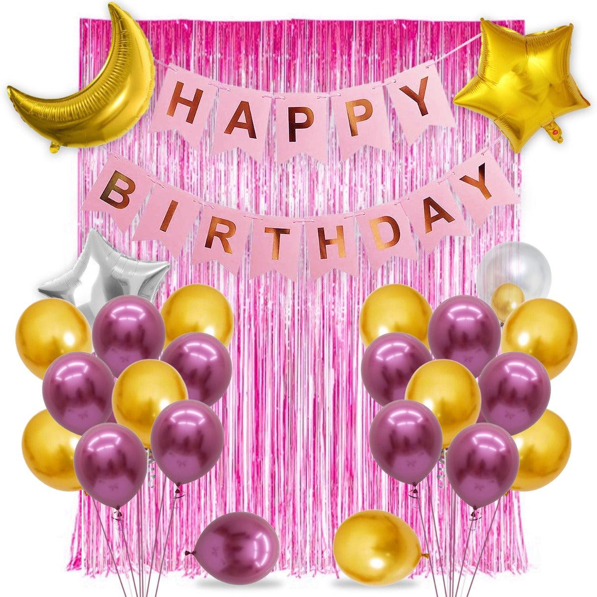PartyCorp Happy Birthday Decoration Kit Combo 34 Pcs - Pink, Pink & Gold Chrome Balloons(24 pcs), 1 pc Pink & Gold Happy Birthday Printed Banner, 2 pc Pink Big Foil Curtain, 1 pc Moon & Star Foil Balloon Bouquet