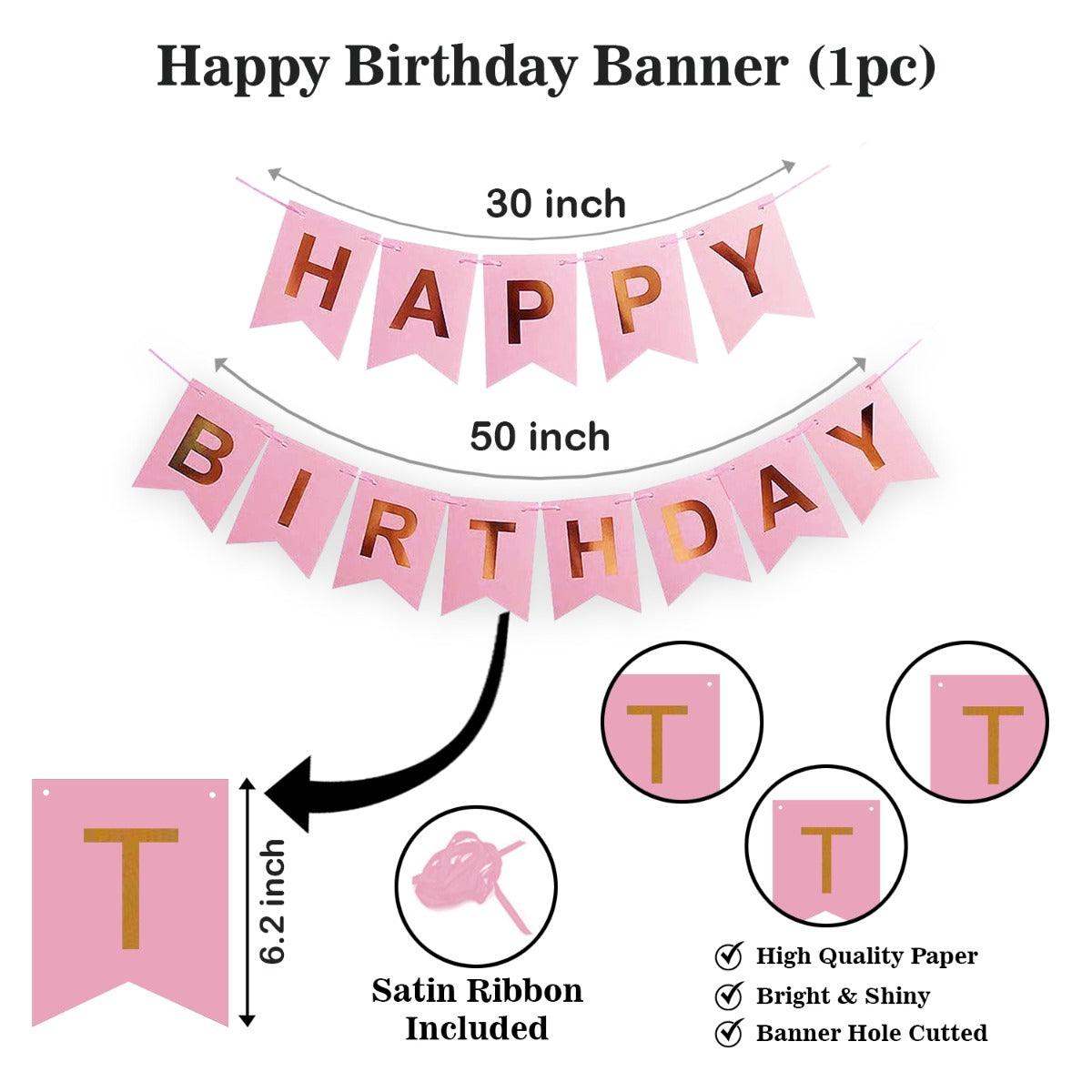 PartyCorp Happy Birthday Decoration Kit Combo 35 Pcs - Pink & Gold Chrome Balloons, Pink & Gold Happy Birthday Banner, Pink Curtain, Moon & Star Foil Balloon Bouquet