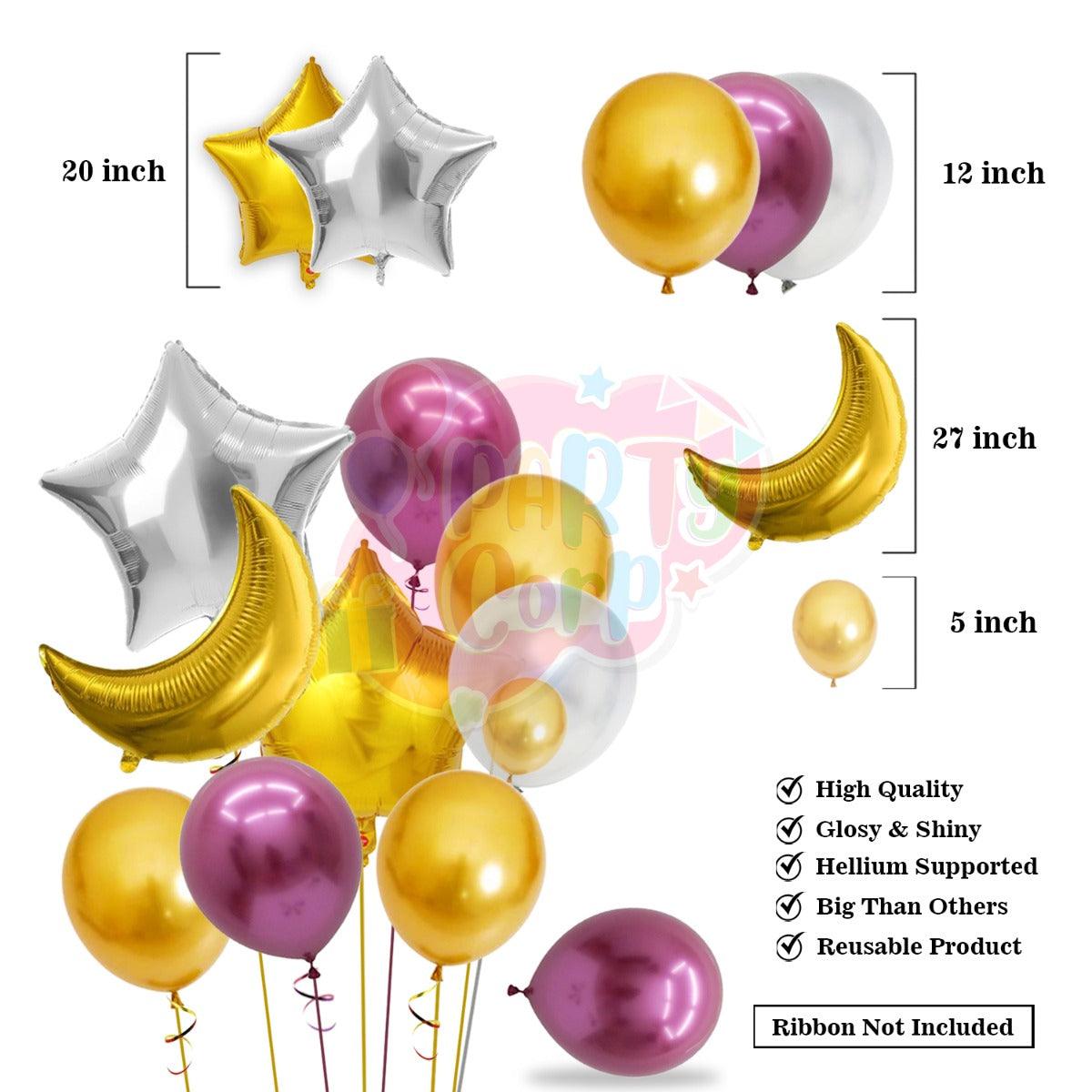 PartyCorp Happy Birthday Decoration Kit Combo 34 Pcs - Pink, Pink & Gold Chrome Balloons(24 pcs), 1 pc Pink & Gold Happy Birthday Printed Banner, 2 pc Pink Big Foil Curtain, 1 pc Moon & Star Foil Balloon Bouquet