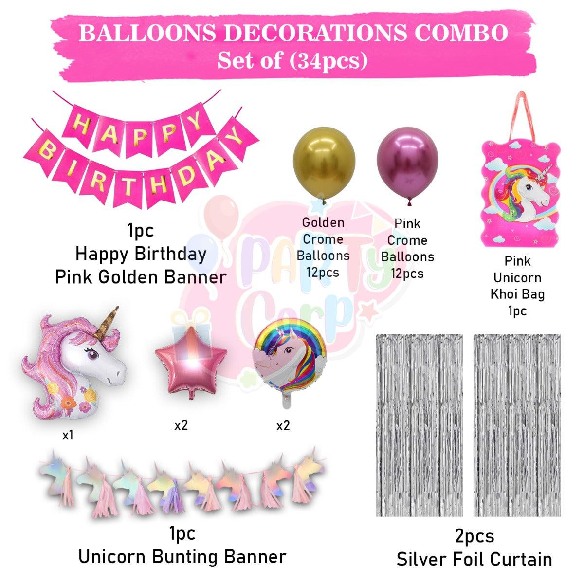 PartyCorp Happy Birthday Decoration Kit Combo 35 Pcs - Pink & Gold Chrome Balloons, Pink & Gold Happy Birthday Banner, Silver Curtain, Unicorn Theme Balloon Bouquet, Khoi Bag,Bunting Banner