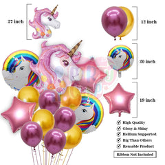 PartyCorp Happy Birthday Decoration Kit Combo 35 Pcs - Pink & Gold Chrome Balloons, Pink & Gold Happy Birthday Banner, Silver Curtain, Unicorn Theme Balloon Bouquet, Khoi Bag,Bunting Banner