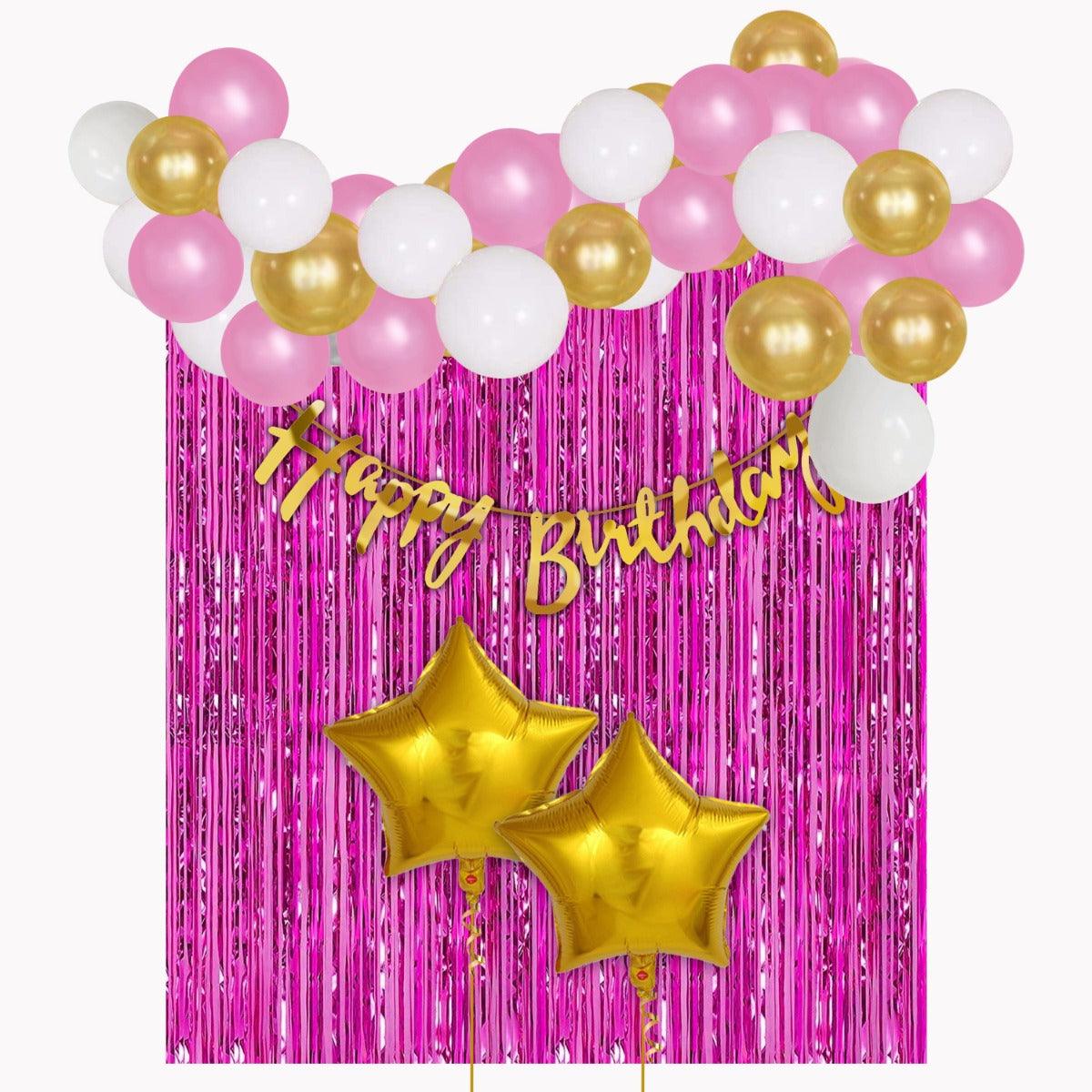 PartyCorp Happy Birthday Decoration Kit Combo 38 Pcs - Gold, Pink & White Latex Balloon, Gold Happy Birthday Banner, Pink Curtain, Gold Star Foil