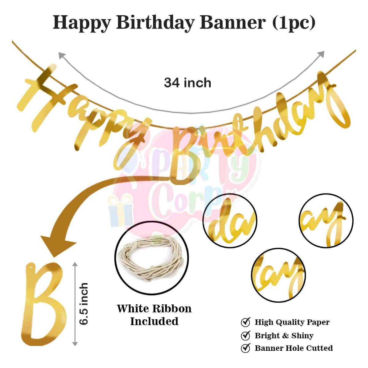 PartyCorp Happy Birthday Decoration Kit Combo 38 Pcs - Gold, Pink & White Latex Balloon, Gold Happy Birthday Banner, Pink Curtain, Gold Star Foil