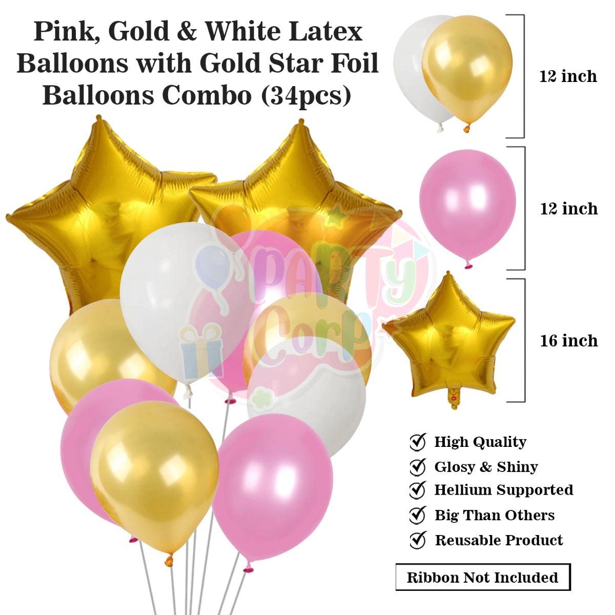 PartyCorp Happy Birthday Decoration Kit Combo 38 Pcs - Gold, Pink & White Latex Balloon, Gold Happy Birthday Banner, Pink Curtain, Gold Star Foil