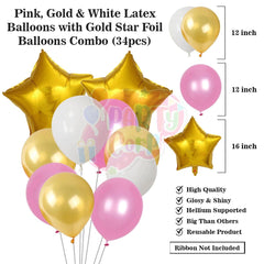 PartyCorp Happy Birthday Decoration Kit Combo 38 Pcs - Gold, Pink & White Latex Balloon, Gold Happy Birthday Banner, Pink Curtain, Gold Star Foil
