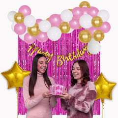 PartyCorp Happy Birthday Decoration Kit Combo 38 Pcs - Gold, Pink & White Latex Balloon, Gold Happy Birthday Banner, Pink Curtain, Gold Star Foil