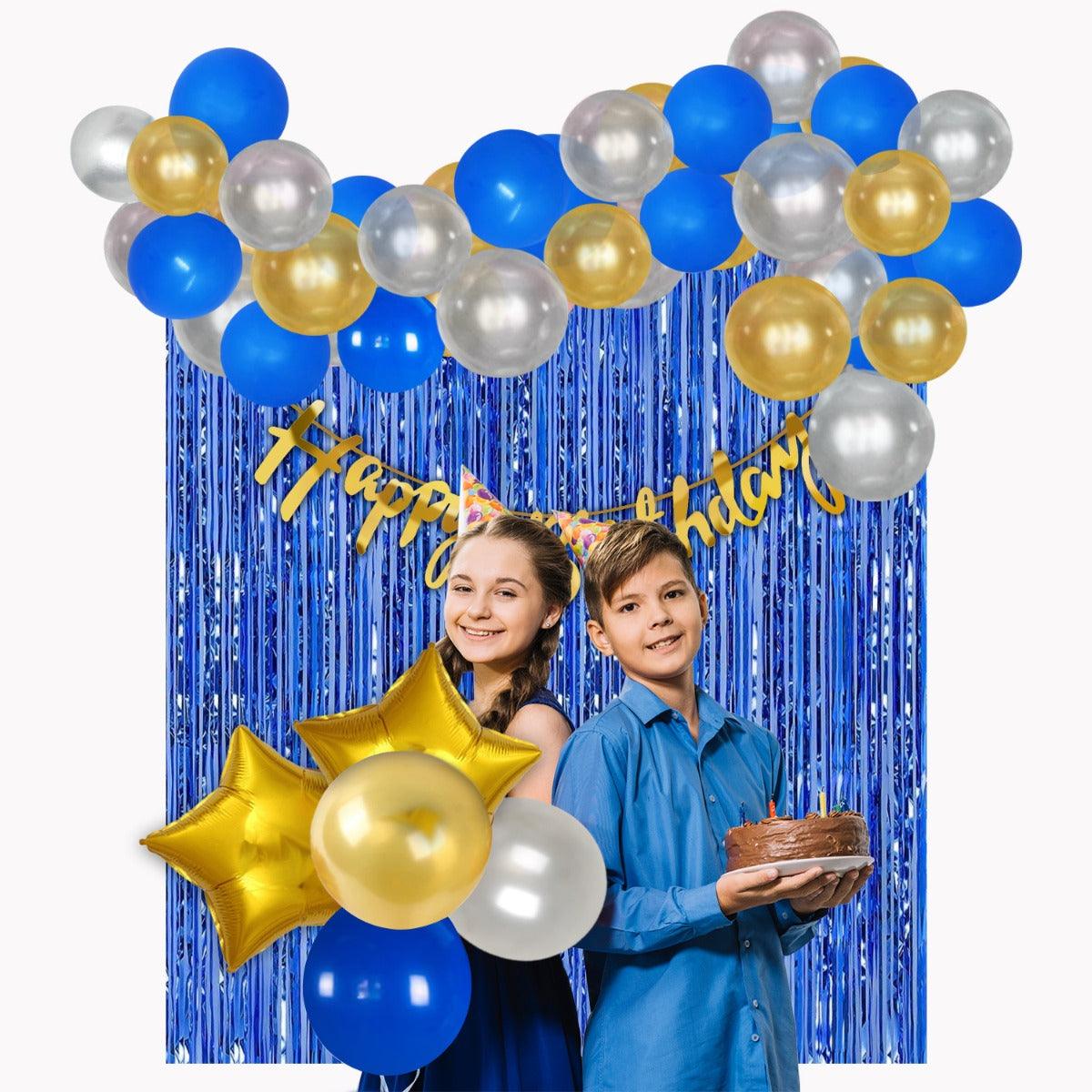 PartyCorp Happy Birthday Decoration Kit Combo 38 Pcs - Gold, Silver & Blue Latex Balloon, Gold Happy Birthday Banner, Blue Curtain, Gold Star Foil
