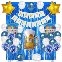 PartyCorp Happy Birthday Decoration Kit Combo 38 Pcs - Blue & White Chrome & Confetti Balloons, White & Gold Happy Birthday Banner, Blue Curtain, Cheers Beer Mug Foil Balloons