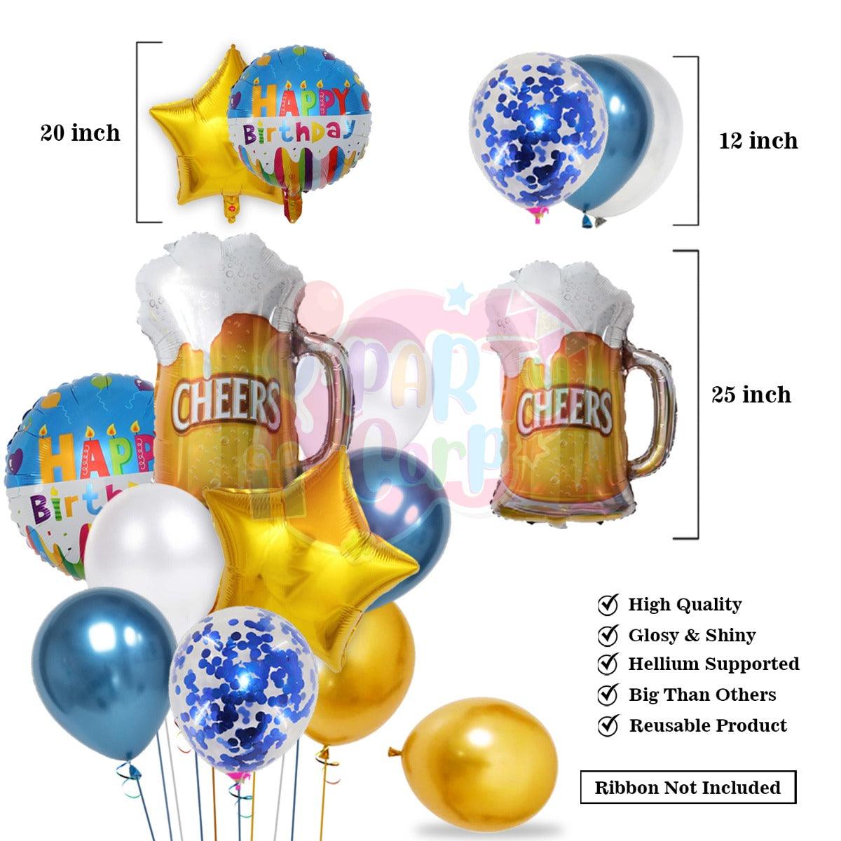 PartyCorp Happy Birthday Decoration Kit Combo 38 Pcs - Blue & White Chrome & Confetti Balloons, White & Gold Happy Birthday Banner, Blue Curtain, Cheers Beer Mug Foil Balloons