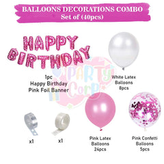 PartyCorp Happy Birthday Decoration Kit Combo 40 Pcs - Pink & White Latex & Pink Confetti Balloon, Pink Happy Birthday Foil Banner