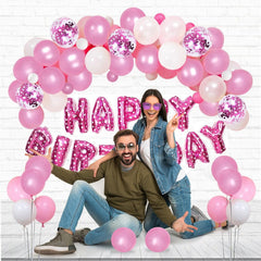 PartyCorp Happy Birthday Decoration Kit Combo 40 Pcs - Pink & White Latex & Pink Confetti Balloon, Pink Happy Birthday Foil Banner