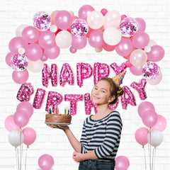 PartyCorp Happy Birthday Decoration Kit Combo 40 Pcs - Pink & White Latex & Pink Confetti Balloon, Pink Happy Birthday Foil Banner